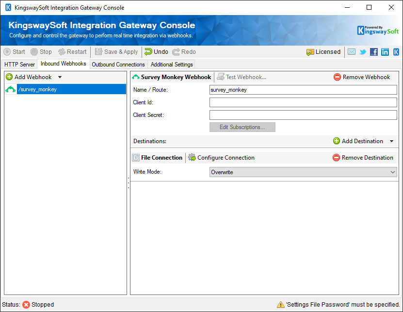 KingswaySoft Integration Gateway Console - Inbound Webhooks - SurveyMonkey